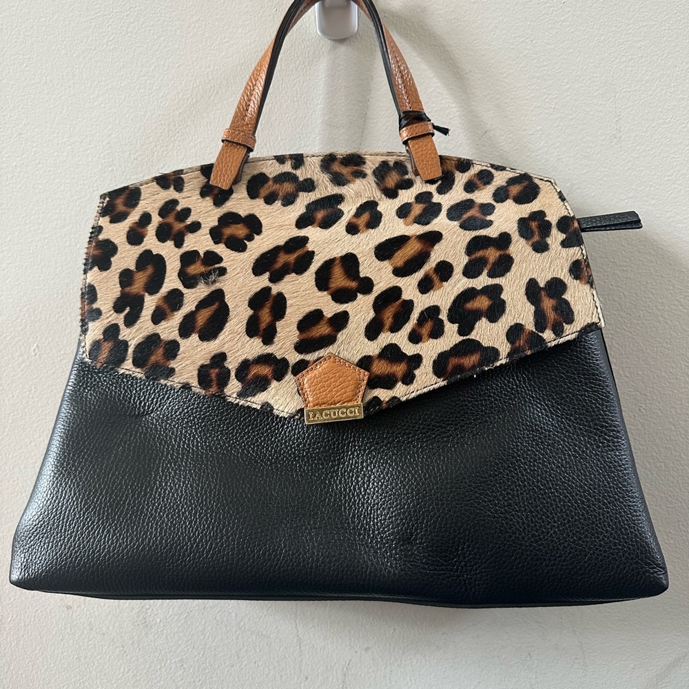 Lacucci Black and Leopard Print Satchel